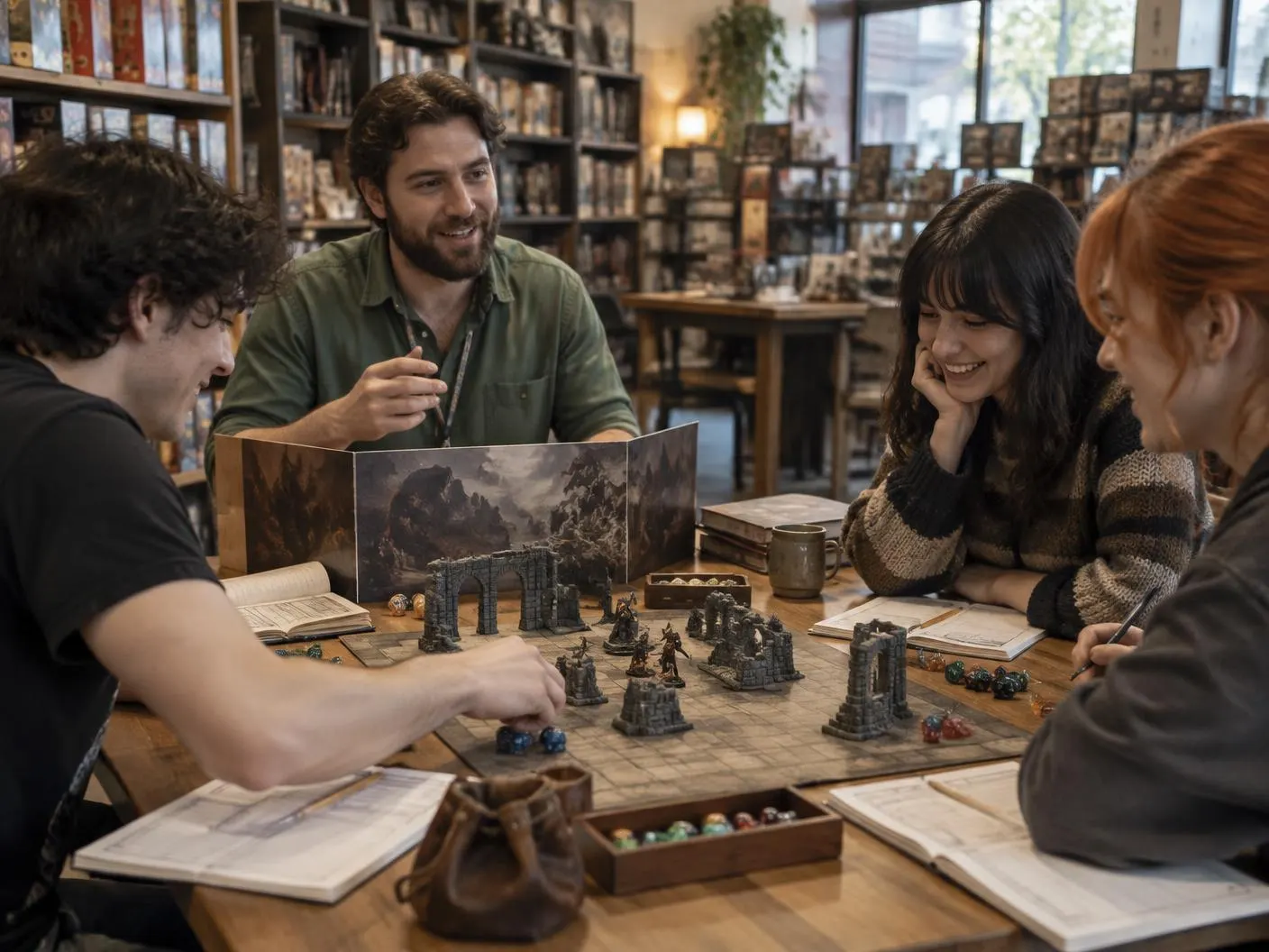 A young woman leading a tabletop role-playing session with friends at a hobby store