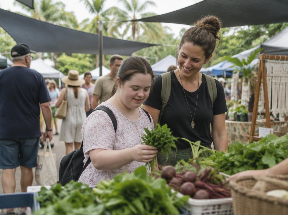 A young adult and a support worker browsing fresh produce at an outdoor community market