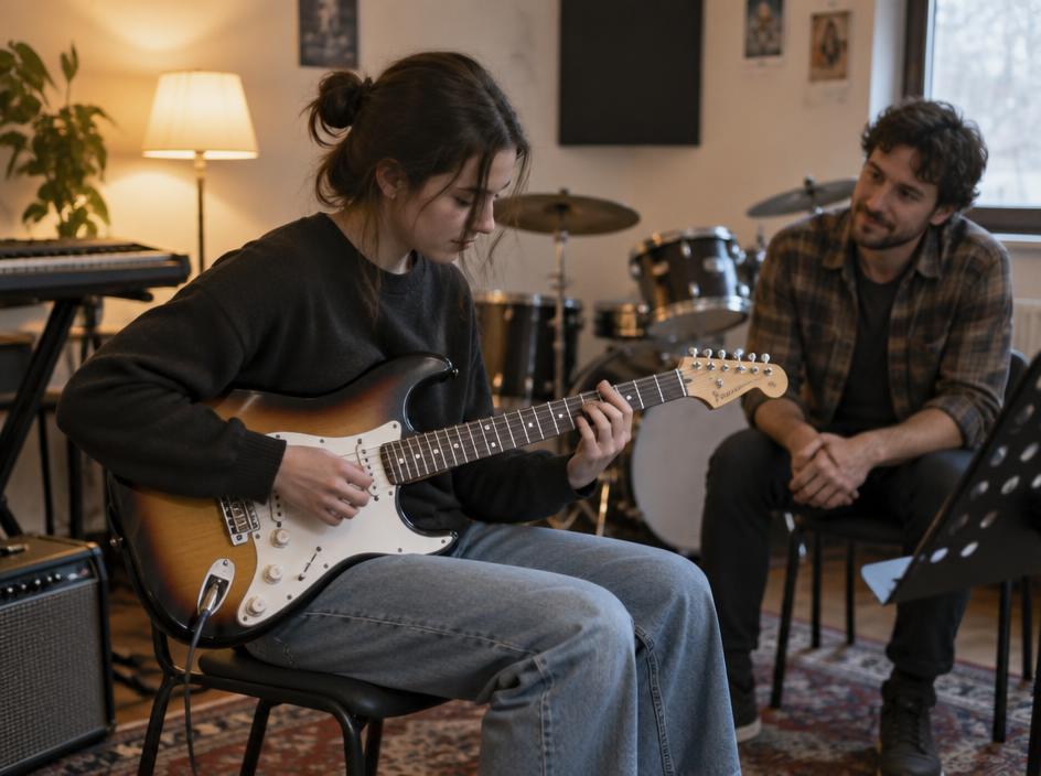A young adult playing electric guitar in a community music room with a tutor nearby