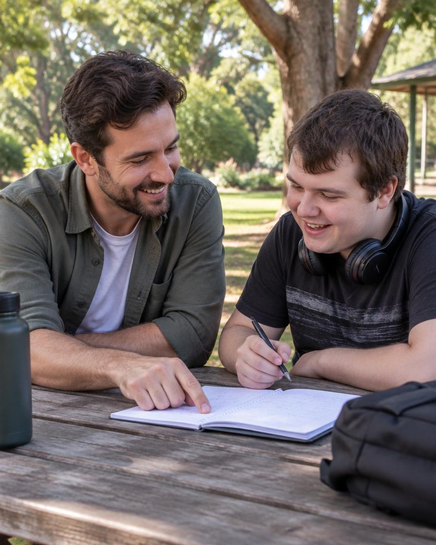 A support worker and a young adult planning ideas together at a park picnic table