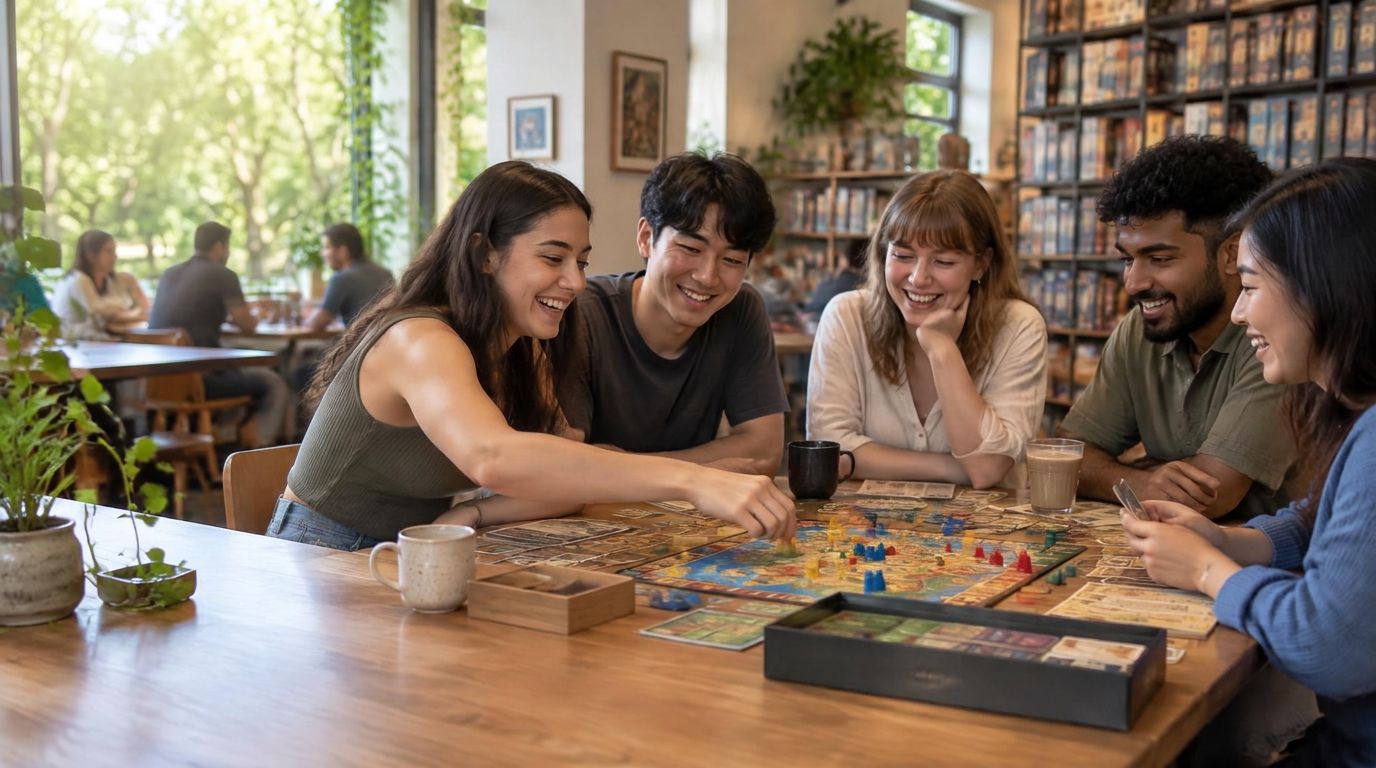 A group of young adults laughing while playing a board game together at a community board game cafe