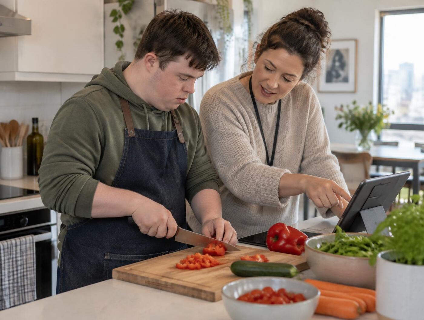 A young man chopping vegetables while a support worker points to the recipe