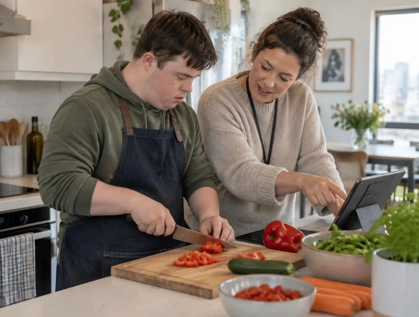 A young man chopping vegetables while a support worker points to the recipe